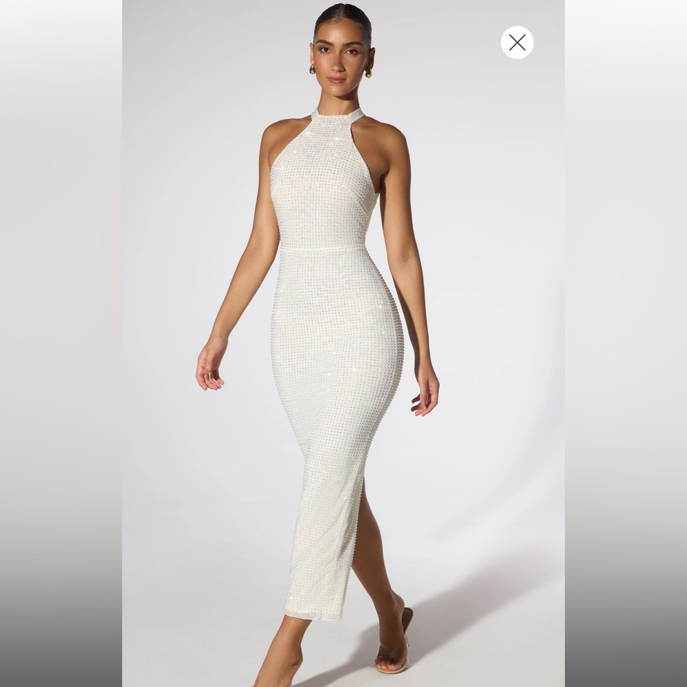 Oh Polly Sarita Embellished Halter Neck Low Back Evening Gown in Ivory